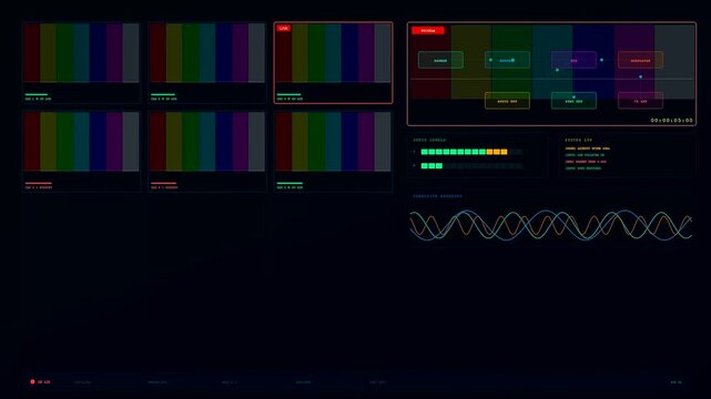 Within this futuristic broadcast data overlay oscillating sine waves and fluctuating signal meters move dynamically alongside color test patterns for high tech television production visuals.