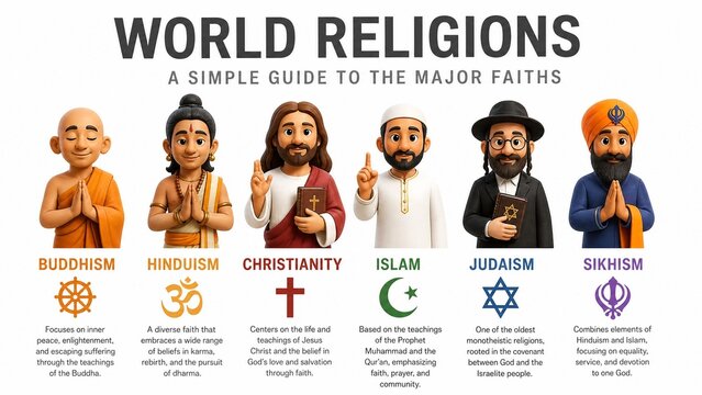 World Religions Educational Infographic with 3D Characters and Symbols