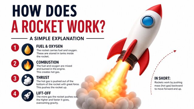 Educational Infographic Explaining How a Rocket Works with 3D Rocket Launch Illustration