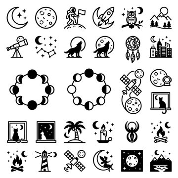 Celestial Icons: Moon Phases, Astronaut, Wolf, Owl, Rocket, Night Sky, Space