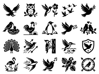 Collection of Bird Silhouettes Vector Icons, Different Species and Actions © ahmad