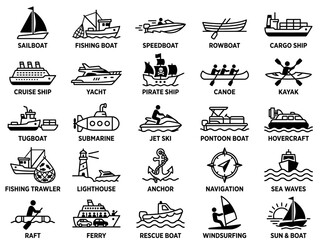 Collection of Boat Icons: Sailboat, Yacht, Submarine, Cruise Ship, Kayak, Jet Ski © ahmad