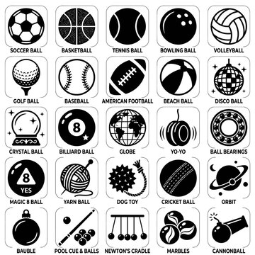 Collection of Balls and Round Objects Icons - Sports, Games, and Toys