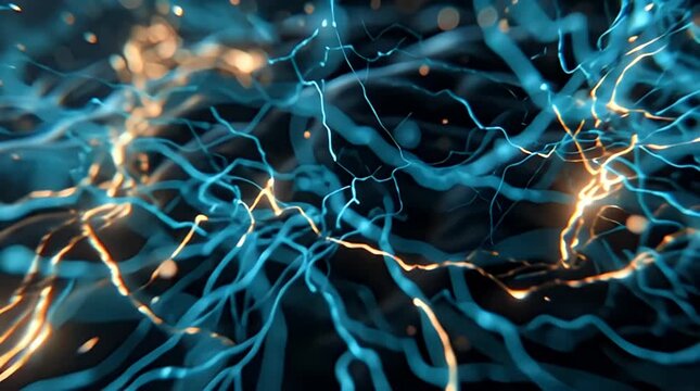 Abstract neural network visualization with glowing gold and blue connections representing artificial intelligence data transmission