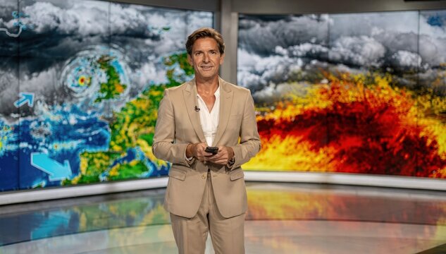 Medium angle view of a weather anchor holding a remote sharp on presenter with a mixedfocus severe storm alert map glowing on digital displays nearby.