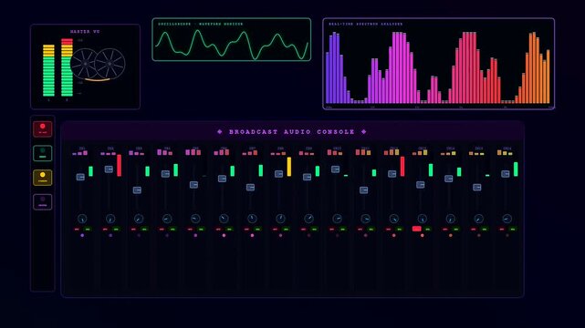 Dynamic movements of a complex broadcast data overlay show audio frequencies and levels across a neon digital interface for professional music production and monitoring.