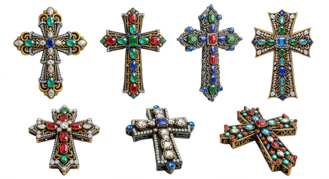 decorative jeweled crosses on white background for religious themes design elements and fashion accessories
