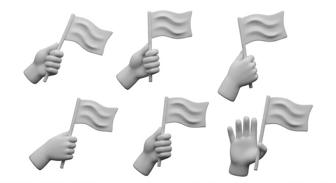 rendered hands holding a waving flag against a white background concepts of waving victory and announcement
