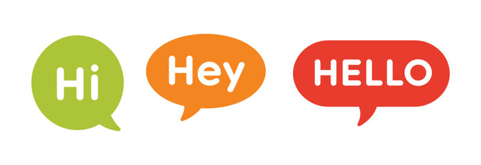 Greeting Bubbles: Three distinct speech bubbles with the words Hi, Hey, and HELLO in simple, modern fonts, signifying communication and interaction © SHUVO
