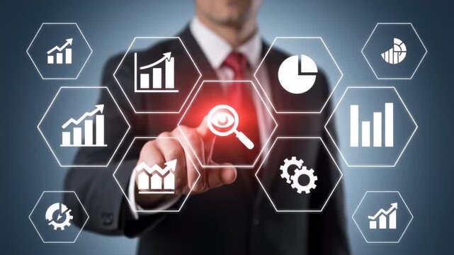 A man in a business suit interacts with a virtual data analysis interface of hexagonal icons