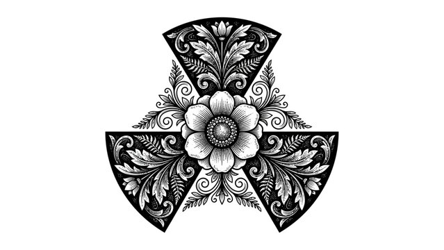 Decorative nuclear radiation symbol created from elegant botanical leaves and blooming flowers in vintage style, stock vector