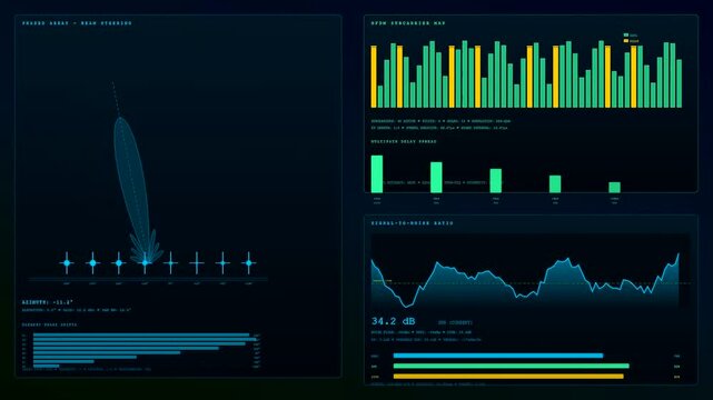 This detailed Broadcast Data Overlay displays complex antenna beam patterns and signal strength metrics across a sophisticated dark user interface for high tech engineering applications.