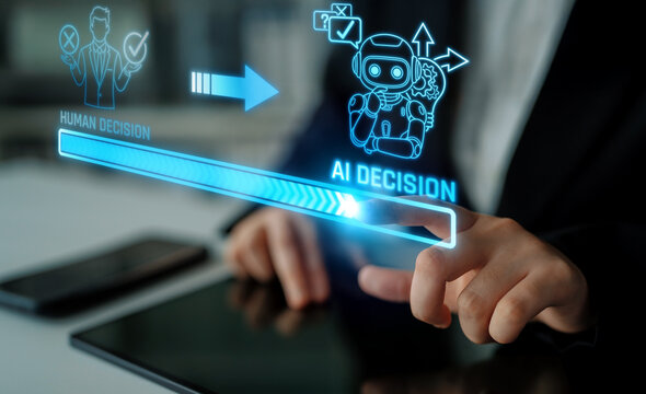 Human Decision vs AI Decision Making Process Visualization with Touch Interaction and Digital Interface in Modern Business Environment. Liminal.