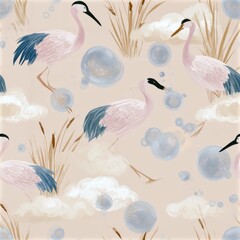 Fototapeta premium Elegant Cranes and Bubbles Seamless Pattern with Reed and Clouds Design