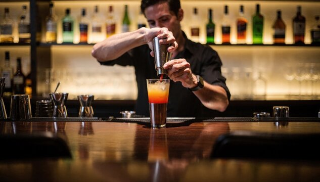 Bartender swiftly shaking a vibrant cocktail behind a polished bar counter with blurred stools and softly glowing shelves in the background.