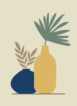 Minimalist bohemian still life artwork with vases and botanical elements for modern interior poster prints.