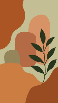 Contemporary organic abstract background with earth tones shapes and botanical branch for social media stories.
