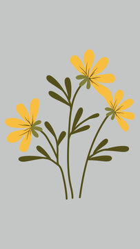 Simple floral branch illustration with yellow blooming flowers suitable for greeting cards and textile designs.