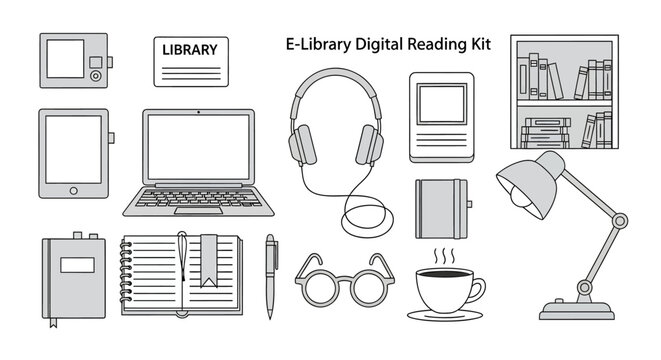 e-library digital reading kit with gadgetsdesk lampnotebookphoneand headphones for onlineeducation and reading
