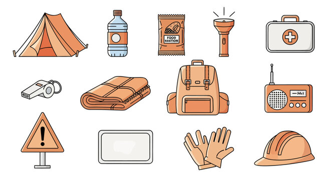 Camping and outdoor survival gear set, tent, backpack, first aid kit, flashlight, water bottle, snack pack, whistle, toy radio, safety sign, gloves, helmet for adventure