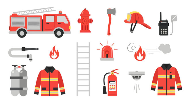 Firefighting equipment and gear icons for safety and emergency response, including fire truck helmet hose alarm ladder fire suit extinguisher and communication device