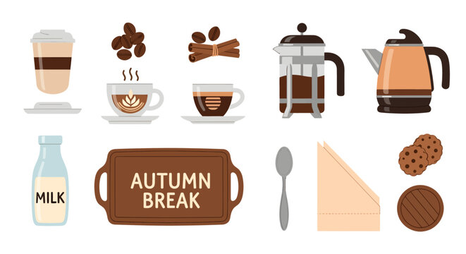 Coffee beans cup and brewing equipment collection for autumn coffee break concept, perfect for cafe menu, bakery, or kitchen background design, cozy warm drink setup