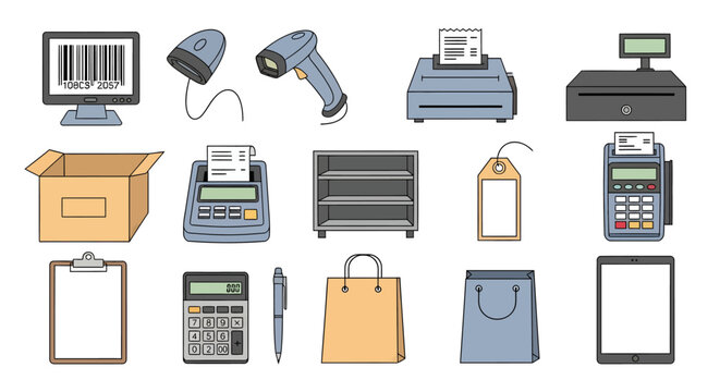 Collection of digital and office equipment including barcode scanner receipt printer cash register calculator shopping bag and mobile phone