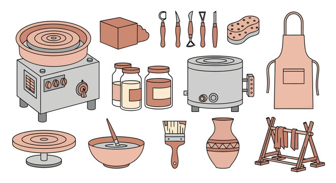 Kitchenware and cooking utensils collection including stove, pots, jars, spoons, bowl, apron, brush, vase, and drying rack for culinary and home kitchen decor