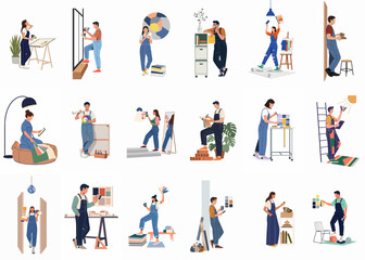 Fototapeta premium A diverse collection of interior designers and decorators in denim overalls working with color swatches and blueprints, isolated on a white background.