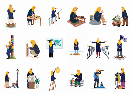 Flat illustration set featuring a Muslim woman in a yellow hijab engaged in various professional, creative, and everyday activities representing empowerment and diversity.