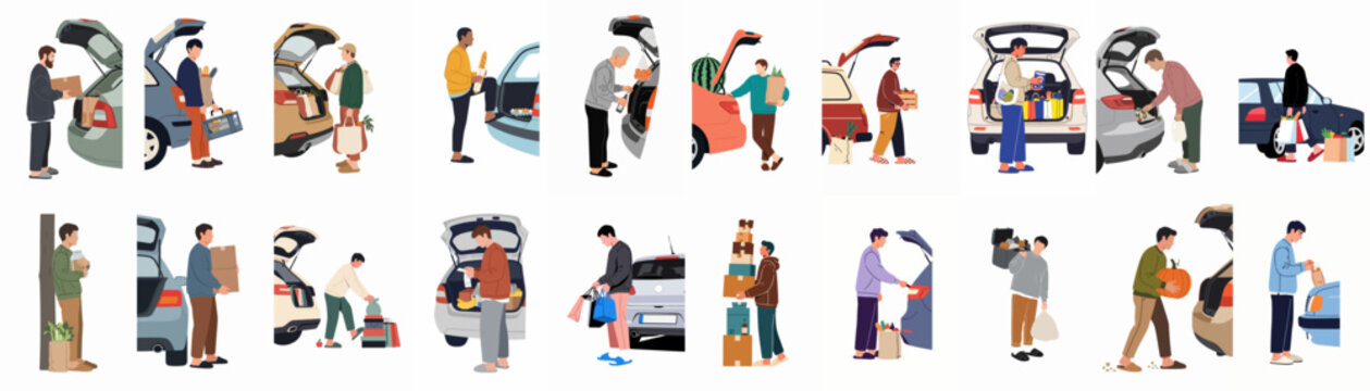 Collection of diverse flat vector illustrations showing men loading and unloading groceries, shopping bags, and boxes into car trunks on a white background.