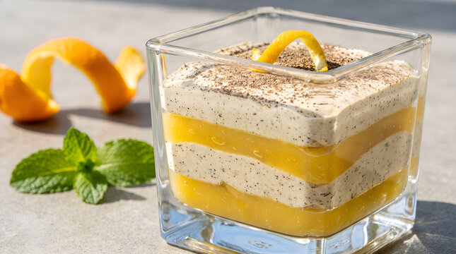 Creamy layered orange tiramisu dessert in square glass