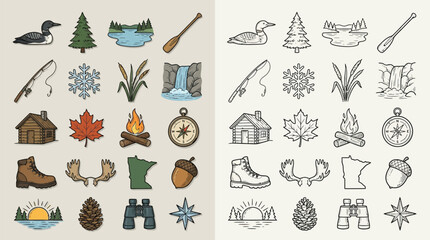 Naklejka premium Collection of Outdoor and Nature Icons for Camping and Recreation.