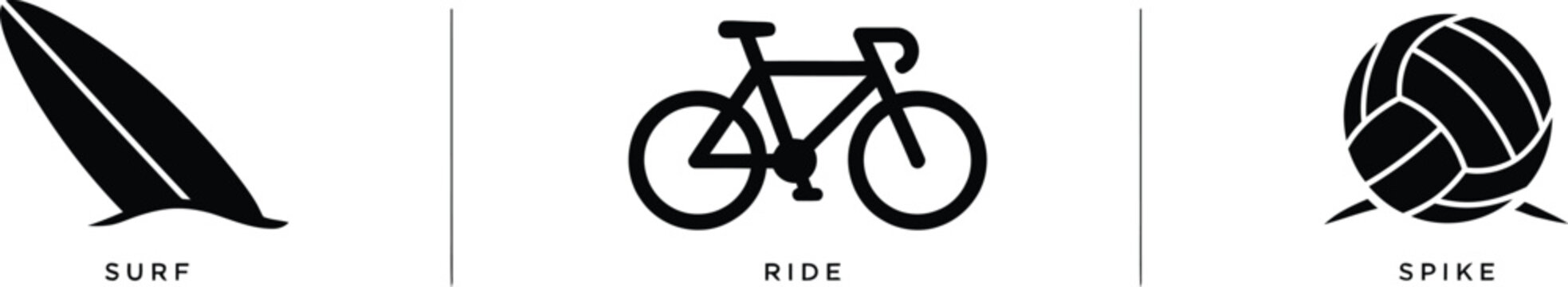 Black icons of surfboard, bicycle and volleyball