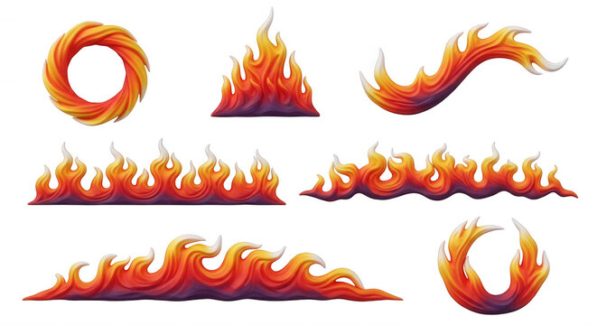 colorful 3d rendered flames set of stylized fire elements isolated on a white backdrop design and digital art projects