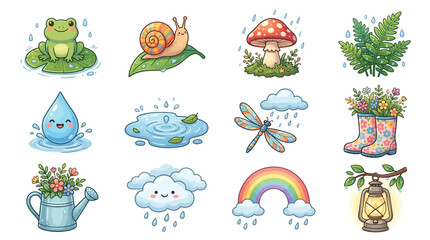 Naklejka premium A delightful collection of cute cartoon nature and weather elements including animals, plants, raindrops, clouds, and a rainbow, perfect for spring themes.