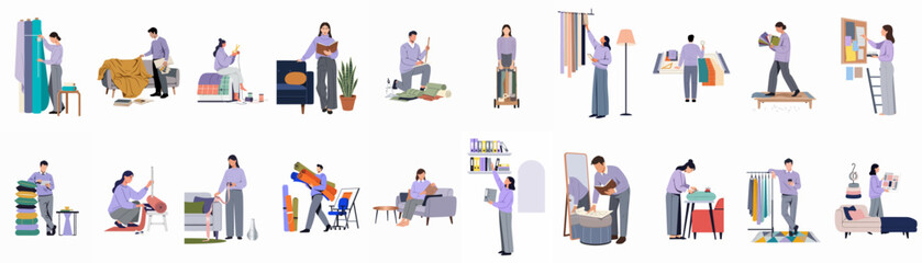 Obraz premium Collection of Professional Interior Designers and Decorators Working on Creative Projects, Material Selection, and Home Styling Illustrations on a White Background.