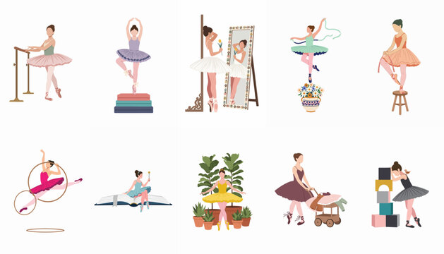 Collection of flat illustrations depicting graceful ballerinas and young dancers in various poses and creative settings, from practicing at a barre to whimsical scenes.