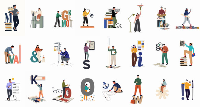 Comprehensive Set of Graphic Design and Typography Illustrations Featuring Creative Professionals Working with Fonts, Layouts, and Digital Tools
