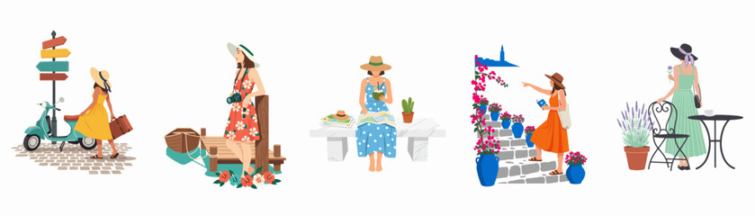 Flat illustration set of women on summer vacation traveling through various scenic locations, featuring sightseeing, relaxation, and exploration themes. © Yola