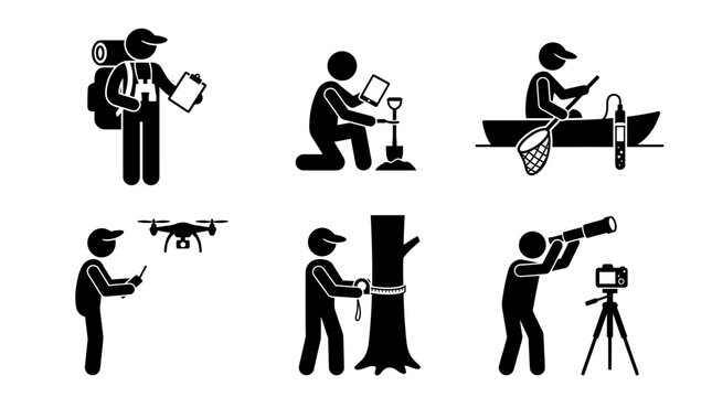 Scientific fieldwork exploration icons vector illustration showing environmental research, soil sampling, aquatic study, drone survey, forestry measurement, and telescope observation