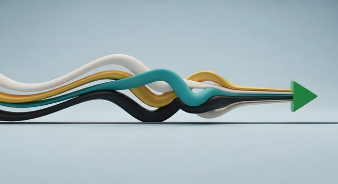 Abstract colorful wavy lines merging into a green arrow