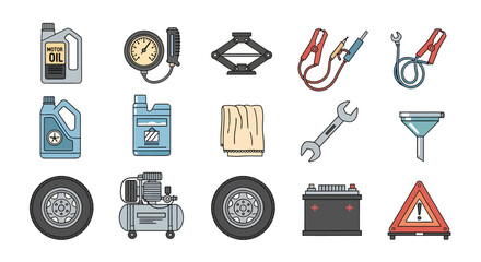 Fototapeta premium Car repair tools and accessories set including oil, pressure gauge, lift, jumper cables, wrench, tow towel, tires, engine, battery, warning triangle for automotive maintenance