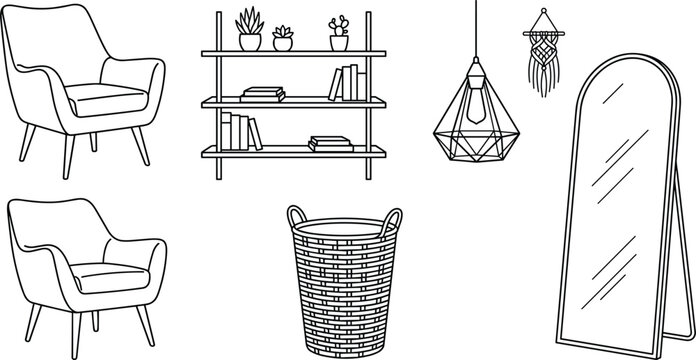 Modern home furniture vector line art illustration set featuring comfortable armchairs bookshelf pendant lamp woven basket arched floor mirror