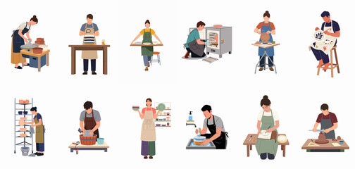 Fototapeta premium Flat vector illustration set of people working in a pottery workshop, showing different stages of ceramic production from molding to painting and glazing.