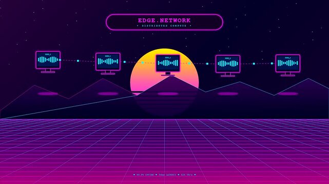 Data packets seamlessly travel along a neon edge computing network visualization animating over a retro sci fi grid horizon during sunset.