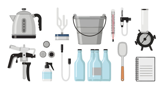 Collection of laboratory and scientific equipment including glass bottles, beakers, test tubes, pipettes, microscope, and measuring devices for experiments and research