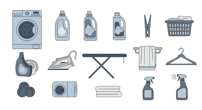 Home laundry room essentials illustration with washing machine detergent bottles iron ironing board laundry basket clothespin and cleaning sprays