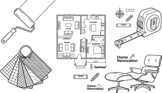 Home renovation architecture vector line art illustration set featuring detailed floor plan house blueprint paint roller tape measure and lounge chair