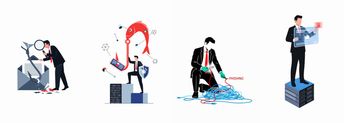 Obraz premium Cybersecurity and Phishing Concept Set Featuring Professionals Protecting Data from Malicious Attacks and Email Scams